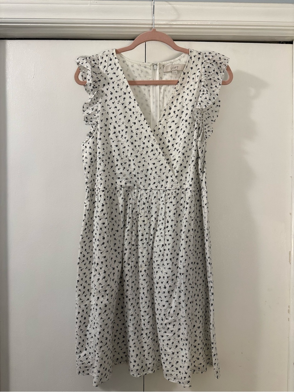 LOFT White Dress with Black Floral Print and Ruffle Sleeves